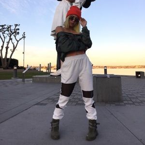 white cut out mesh sweat pants